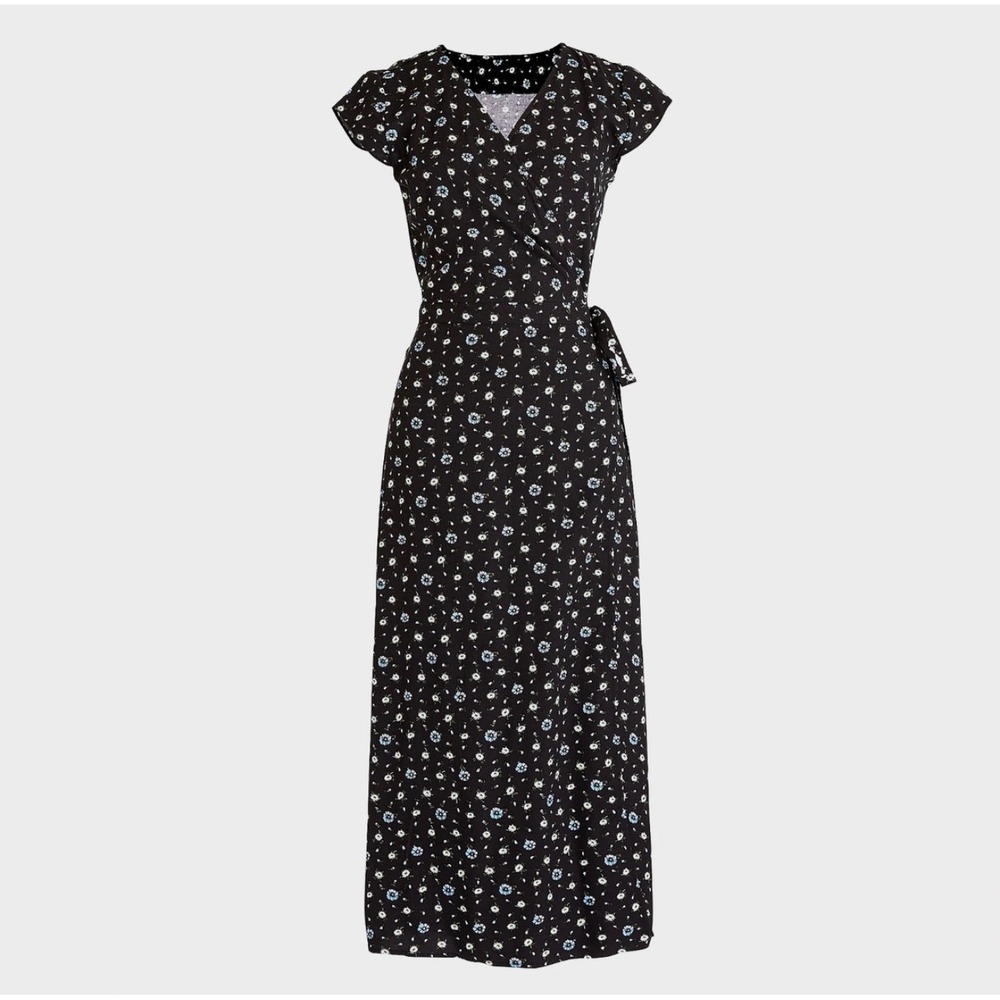 J.Crew Mercantile Blue Floral Wrap Dress Short Sleeve Midi Petite Medium‎ J4261